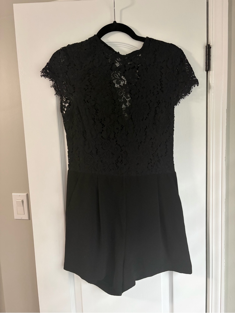 Black Lace Cap-Sleeve Romper with Open Back!